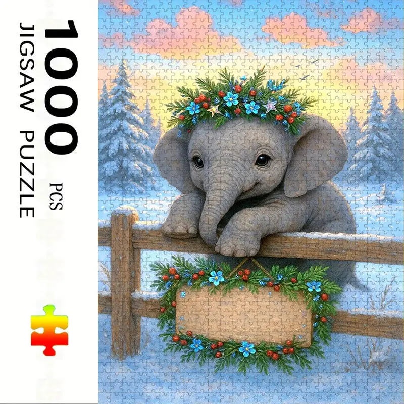 1000 Piece Christmas Elephant Puzzle with Wreath & Sign, Large Adult Family Interactive Toy, DIY Home Decor Brain Challenge