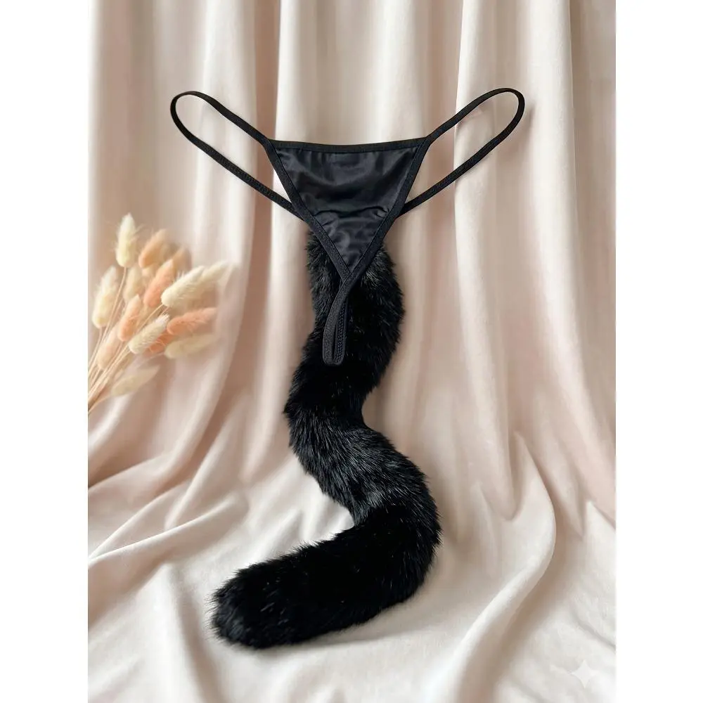 Soft Stretchy Reusable Satin-Fur Thong - Black T-Back Lingerie with Fashionable Tail, Smooth Fabric Outfits for Halloween Cosplay, Romance Role Play