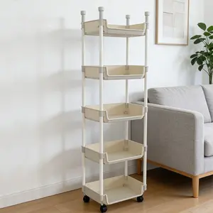 1PC 5-layer multifunctional plastic storage cart with wheels, layered shelving storage rack suitable for bedroom, kitchen, bathroom, living room, Adjustable Standing Shelf