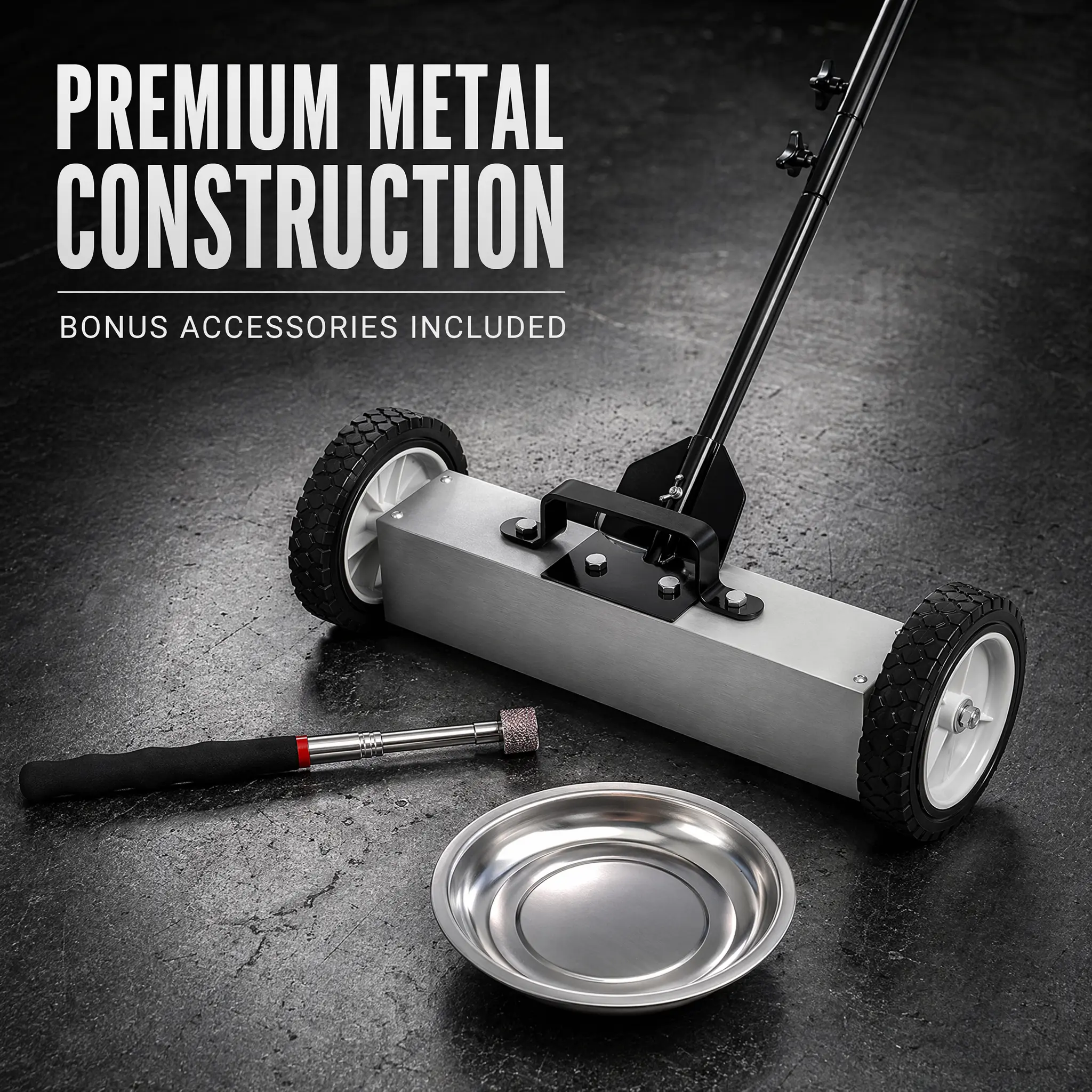 Rolling Magnetic Floor Sweeper Tool - 30 lb Capacity - 27"-44" Adjustable Length Extendable Pole - Comprehensive Coverage for Workshop, Garage, Construction Site, 27" To 44" Extension, Effortlessly Handles Up To 30 Lb