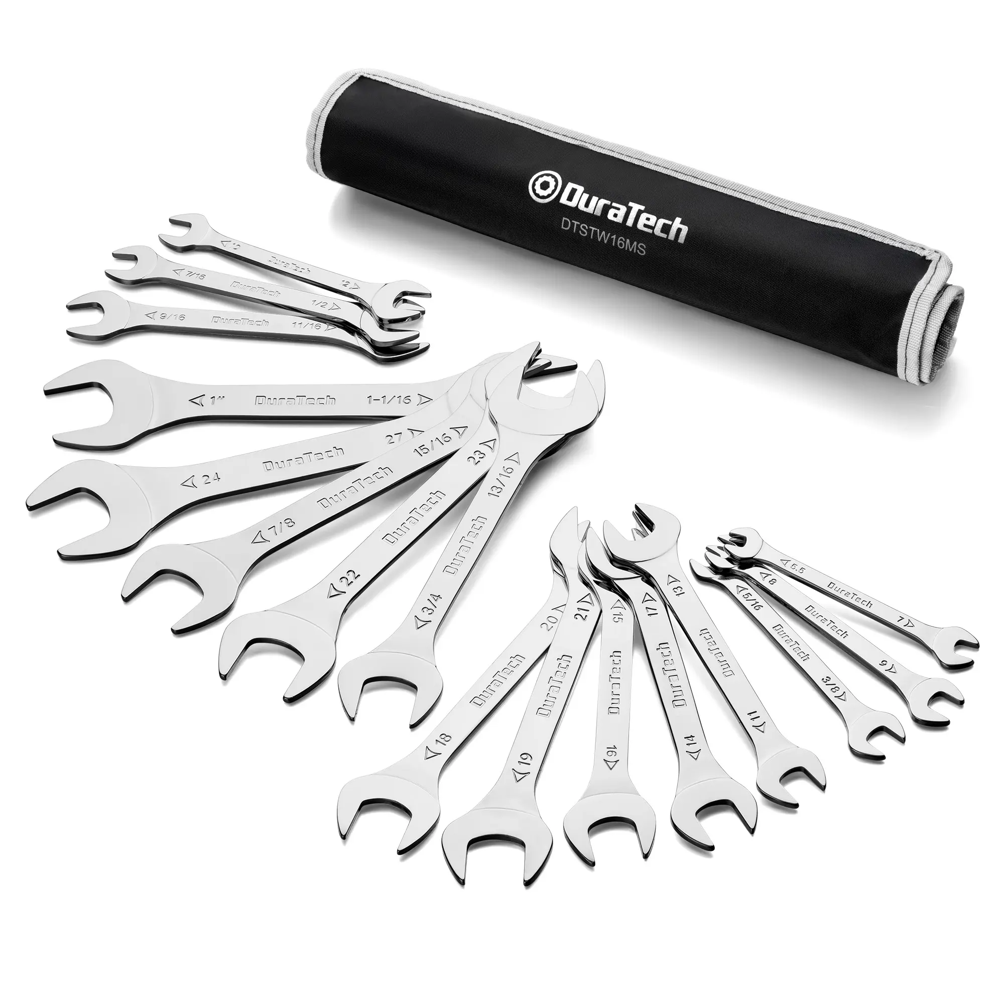 #summersale DURATECH Super-thin Open End Wrench Set, SAE(5/16" to 1-1/16") & Metric(5.5mm to 27mm), 16-Piece, Slim Spanner Wrench Set with Rolling Pouch