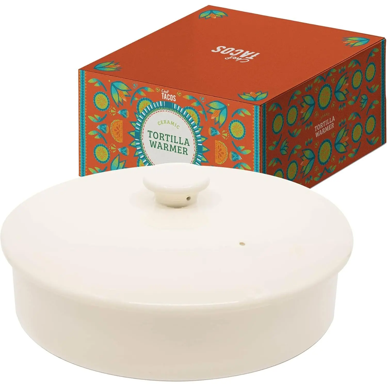 8-in Cream Ceramic Tortilla Warmer with Lid, Kitchen Household Products, Multi-Use Container for Tortillas, Pancakes & Storage