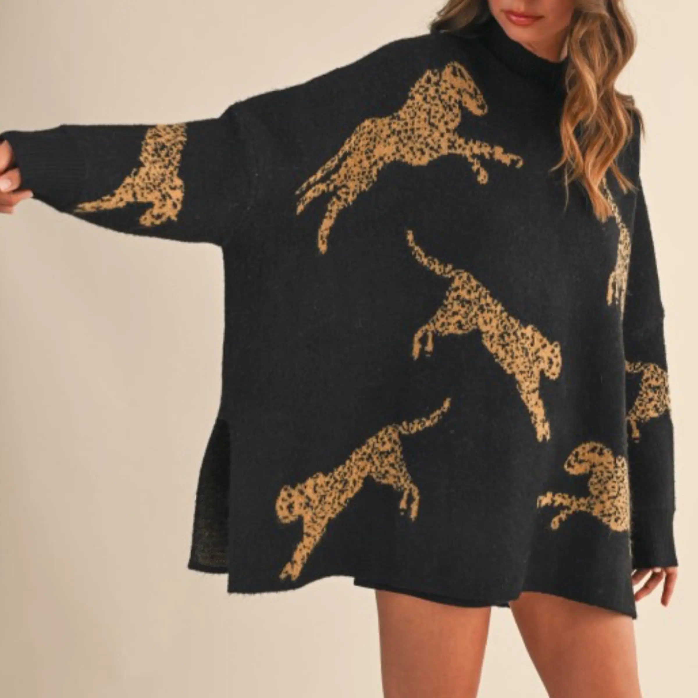 The Fan Favorite Cheetah Print Oversized Mock Neck Sweater Top