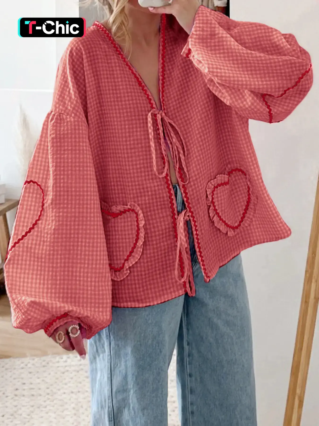 Modest Fashion Women's Plaid Print Heart Embroidery Tie Front Blouse, Casual Lantern Sleeve V Neck Top for Fall & Winter, Women's Clothing for Daily Wear, Clothes