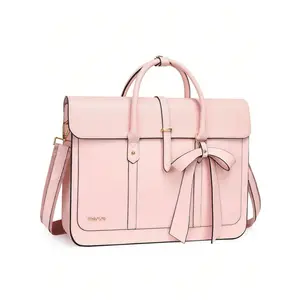 MOSISO 15.6 Inch PU Leather Laptop Tote Bag Women Convertible To Backpack, 16 Inch Stylish Messenger Bag Casual Handbag Work Briefcase Travel Computer Shoulder Bag With Bowknot, Pink