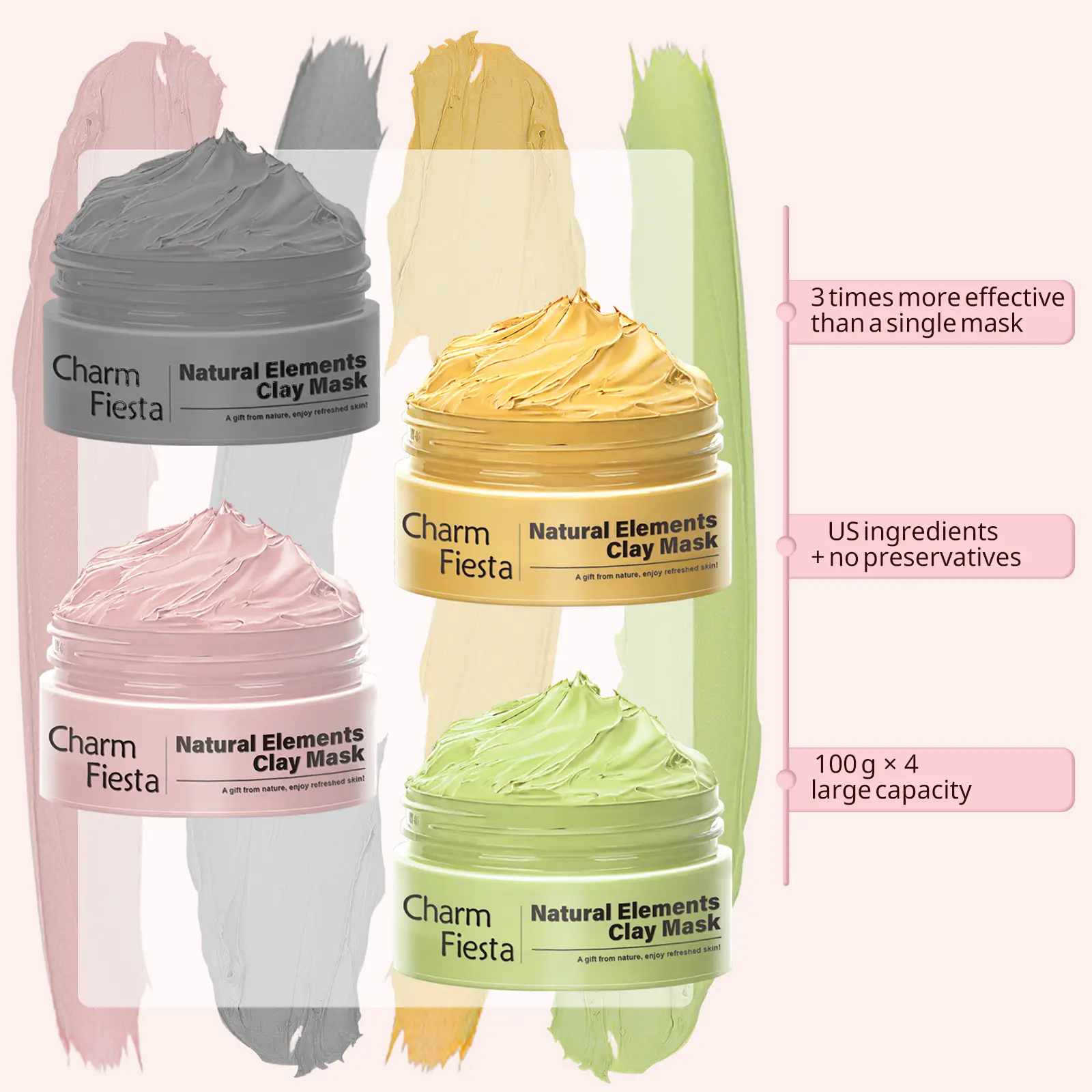 4 PCS Clay Mask Set, Turmeric Vitamin C Clay Mask, Dead Sea Mud Mask, Avocado Mask,Rose Mask for Deep Cleaning,Soothing,Brightens,Moisturizes