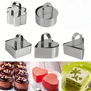 Stainless Steel 5-Piece Cake Ring Mold Set, Heart, Round, Square Shapes, Ideal for Halloween Holiday Cakes, Baking, Fondant, Cheese Cakes, Baking Supplies