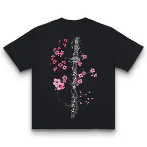 Japanese Sword & Sakura Flowers Shirt Unisex Zen Style Casual Streetwear Oversized Summer Graphic Tee 100% Cotton Crew Neck Short Sleeve - Menswear