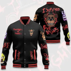 Fnaf Survivor Gamer Varsity Bomber Jacket, Retro Horror Gaming Streetwear Outerwear, Collectible Style For Dedicated Fans