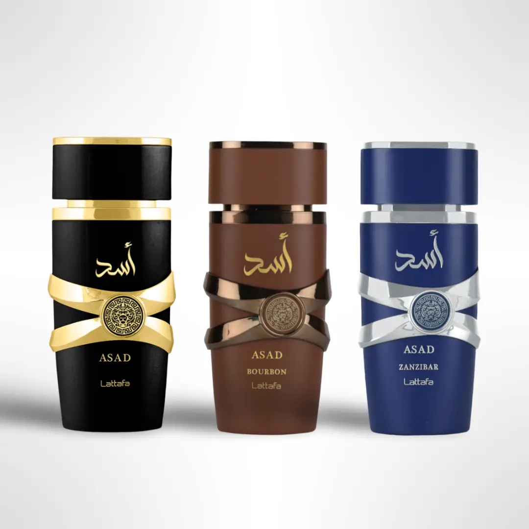 Lattafa Men's EDP Arabian Perfume Trio Set - 3 Unique 100ml/3.4fl oz Multi-Scent Woody Scent Fragrances (Asad, Bourbon, Zanzibar) - Daily Wear Gifts for Him Men's Fragrance Collection