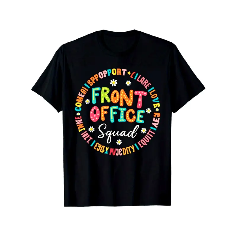 Women's Front Office Squad T-Shirt - Rainbow Lettering & Office Staff Icons with Receptionist, HR, Manager Design - Soft Crewneck Workwear Tee Suitable for Coworkers, All-Season Comfort Fit Casual Office Outfit for HR Graphic Womenswear Tshirt