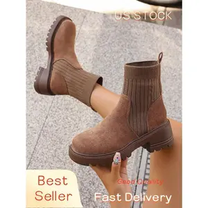 Women's Brown Thickened Suede Patchwork Chelsea Boots, Comfortable Elastic Ankle Slip-On Boots