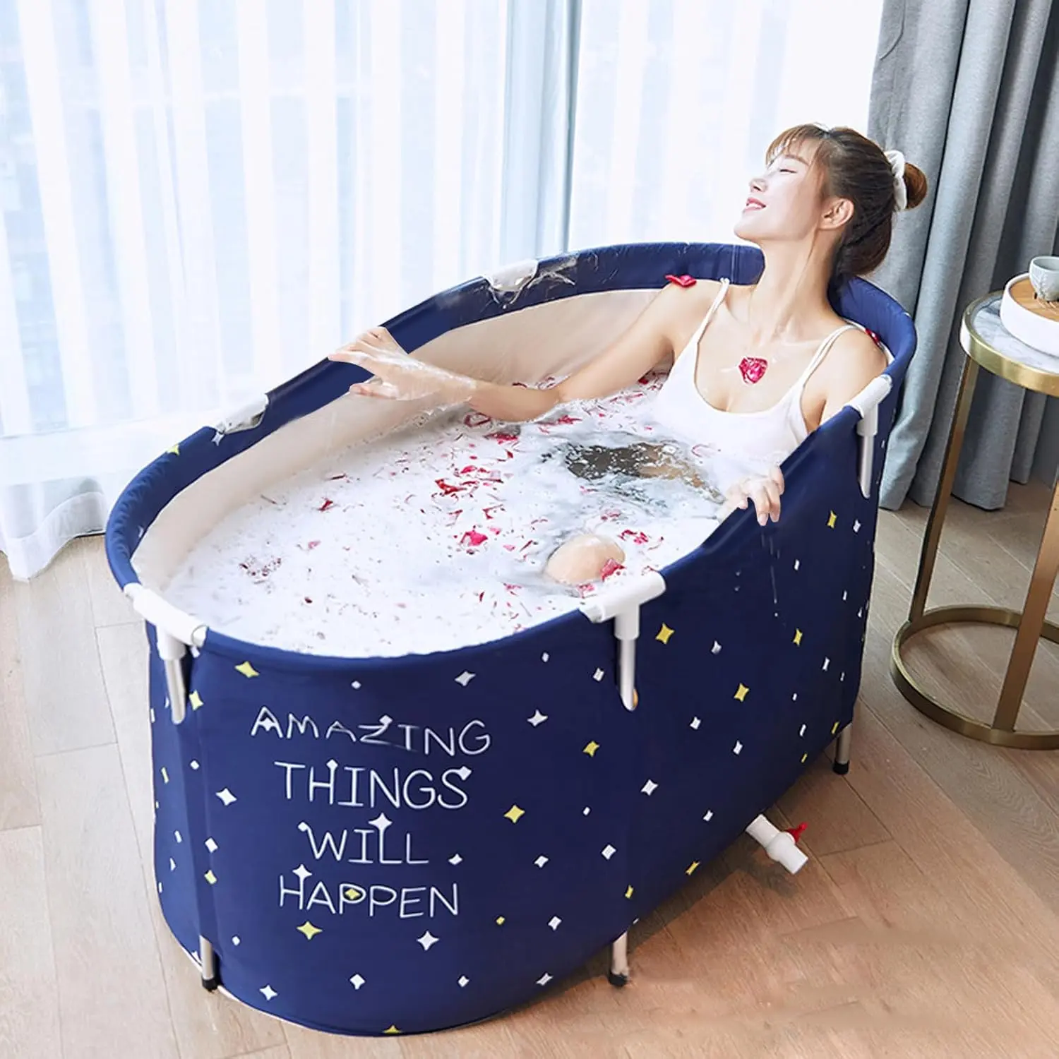 Portable Folding Deep Soak Bathtub for Adults - Thick Thermal Foam Temperature Retention, Freestanding for Shower Stalls, Family Bathroom SPA Tub, Starry Night Blue, Deep Soak Tub, Thick Foam, Portable Foldable Inflatable Foot Baths