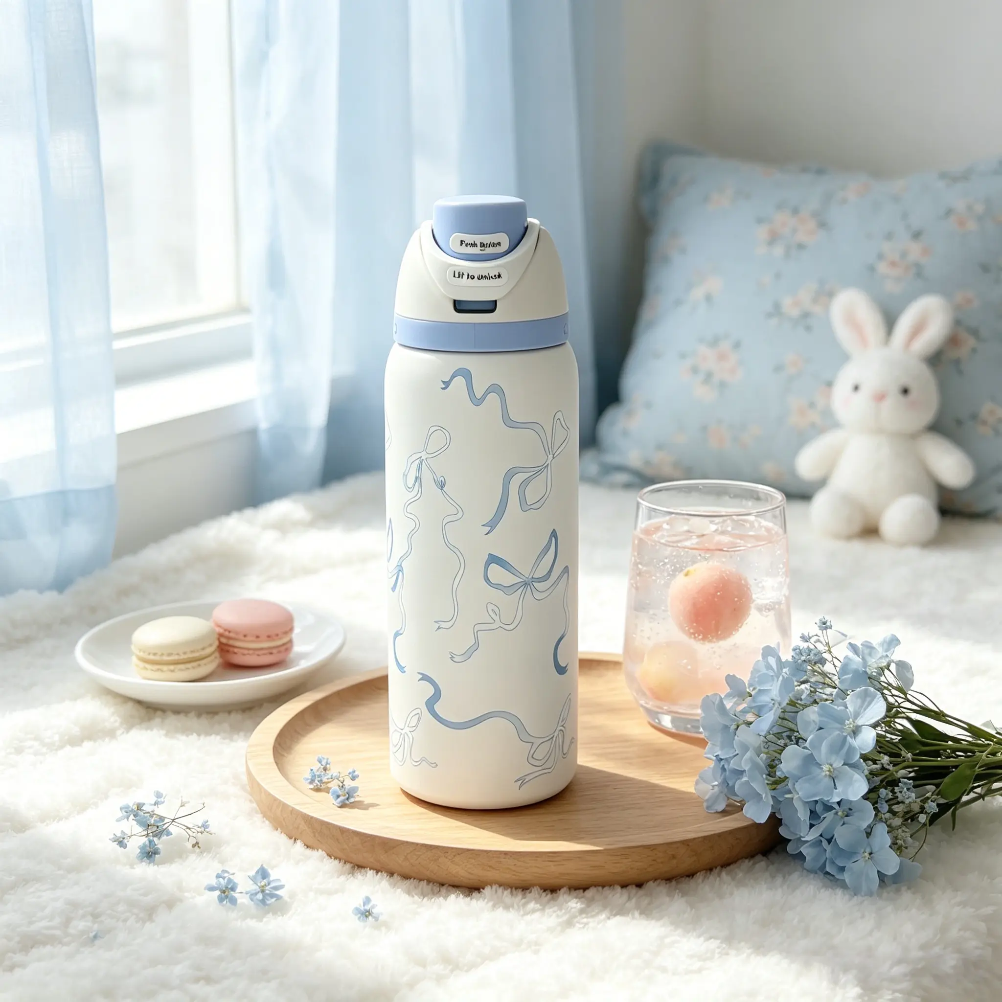 Owala Freesip 32oz Insulated Stainless Steel Water Bottle, Cute Pastel Blue Coquette Bow Ribbon All Over Print Tumbler, 24 Hours Cold Retention Free Leak Proof Flip Top Sip Lid Reusable Travel Water Cup For School Gym Outdoor Daily Use