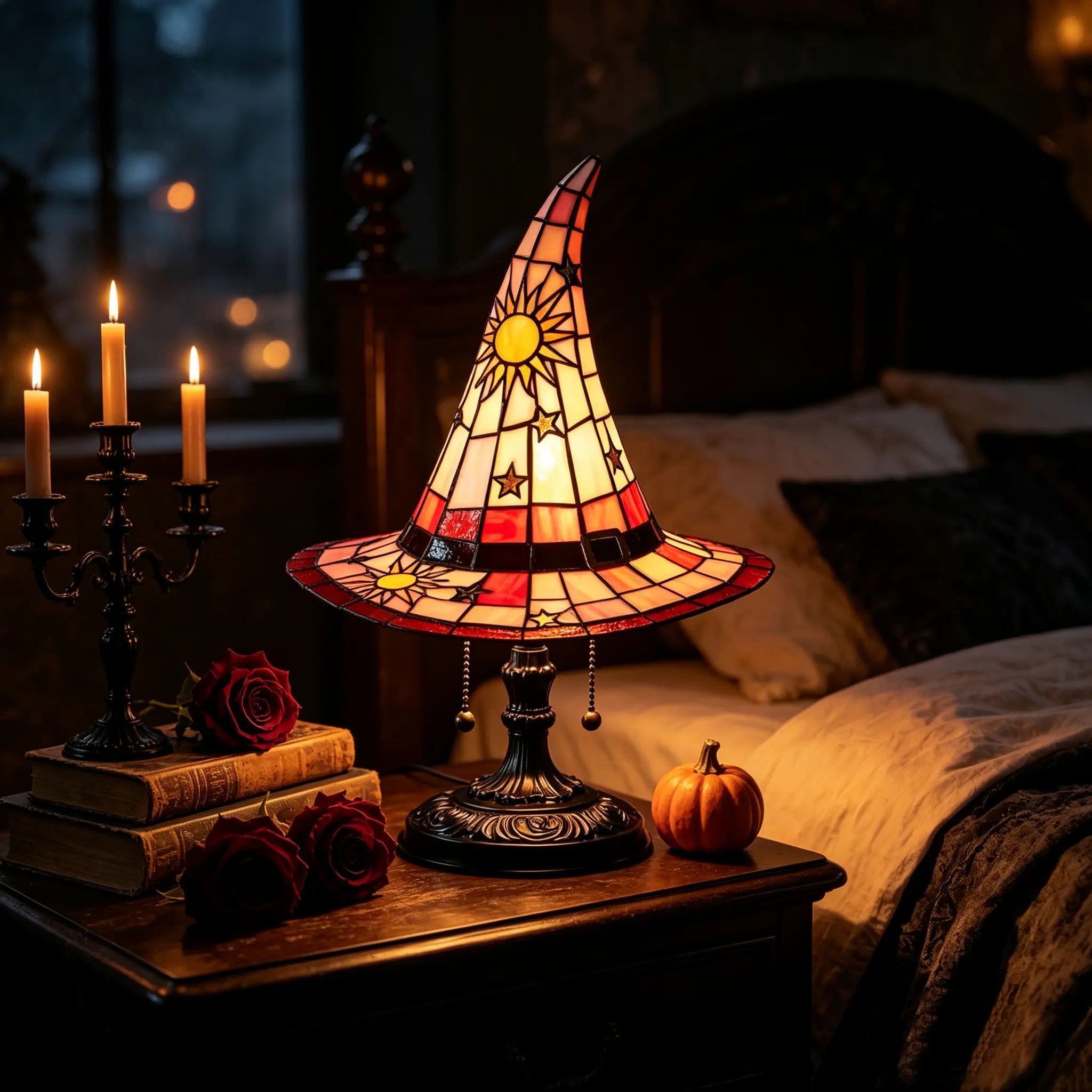 Stained Witch Hat Table Lamp, Vintage Mosaic Spooky Wizard Hat Night Light with Sun and Stars Pattern, Retro Bedside Desk Ornament for Halloween Party Room Home Decor Aesthetic Festival Gifts 2026