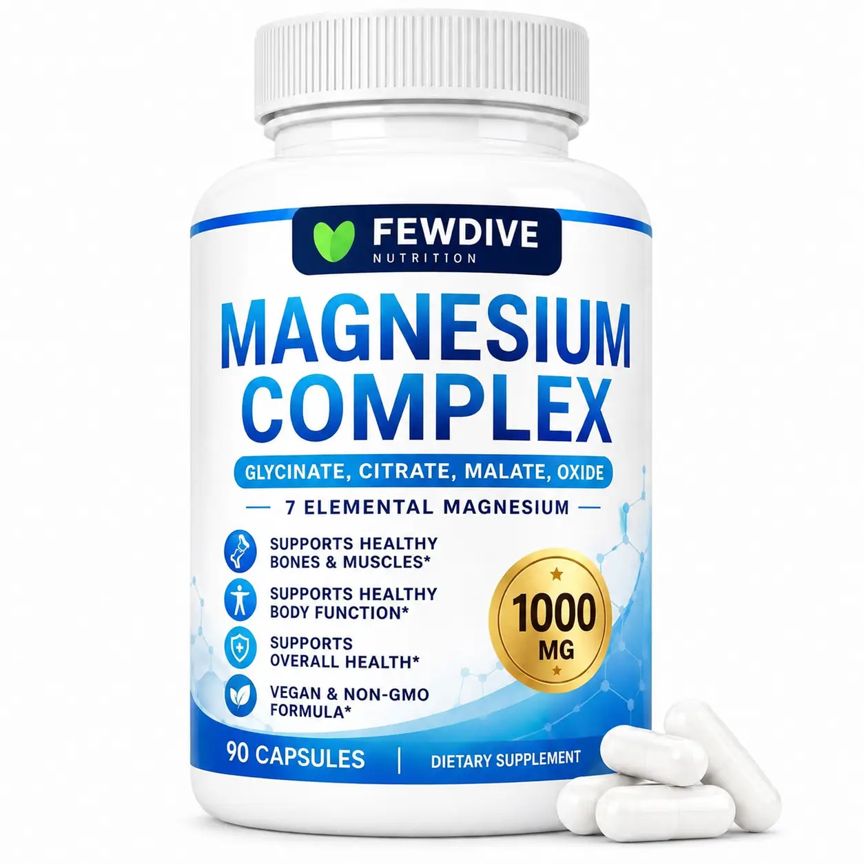 FEWDIVE Magnesium Complex - 1000mg 7-Elemental Non-GMO Multi-Mineral Formula Mineral Supplements for Bone Health, 90 Capsules, Calming Dietary Supplement