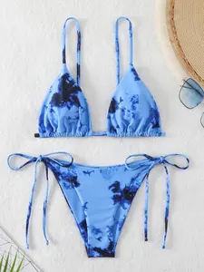 Two-Piece Set Women's Tie Dye Print Bikinis Set, Adjustable Strap Triangle Bikini Top & Tie Side Triangle Bikini Bottom, Ladies Summer Swimwear Beach Bathing Suit for Beach Holiday Vacation