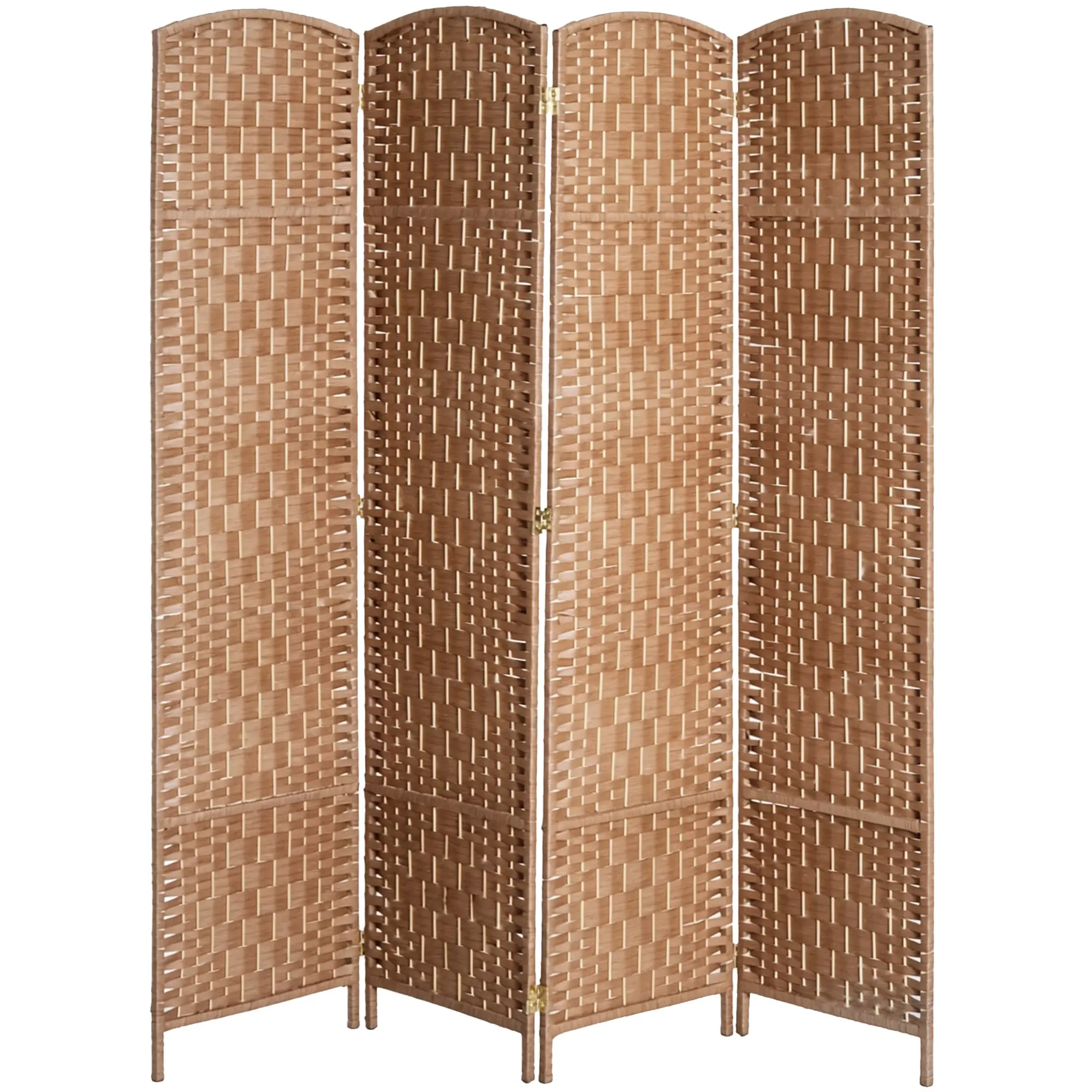 Breathable diamond paper rope woven four panel freestanding room divider gently filters natural daylight and blocks direct line of sight to build quiet enclosed private resting corner inside open layout bedroom interior