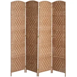 Breathable diamond paper rope woven four panel freestanding room divider gently filters natural daylight and blocks direct line of sight to build quiet enclosed private resting corner inside open layout bedroom interior