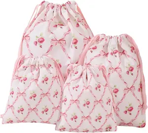 4pcs Floral Drawstring Makeup Bags Pouches For Purse, Small Canvas Cloth Gift Bags Pouch For Cosmetics Jewerlry Home Travel Storage