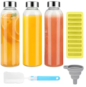 Glass Juice Bottles with Lids for Juicing 24 oz, Reusable Clear Glass Water Bottles with Stainless Steel Airtight Cap for Refrigerator, 100% Leak Proof, BPA Free, ECO Friendly, Set of 3