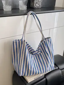 Oversized Canvas Stripe Slouchy Carry All Tote Bag for Women, Canvas Tote Bags, Casual Style Handbag for Travel, Shopping, and Vacation, Perfect Student Bag for All Seasons