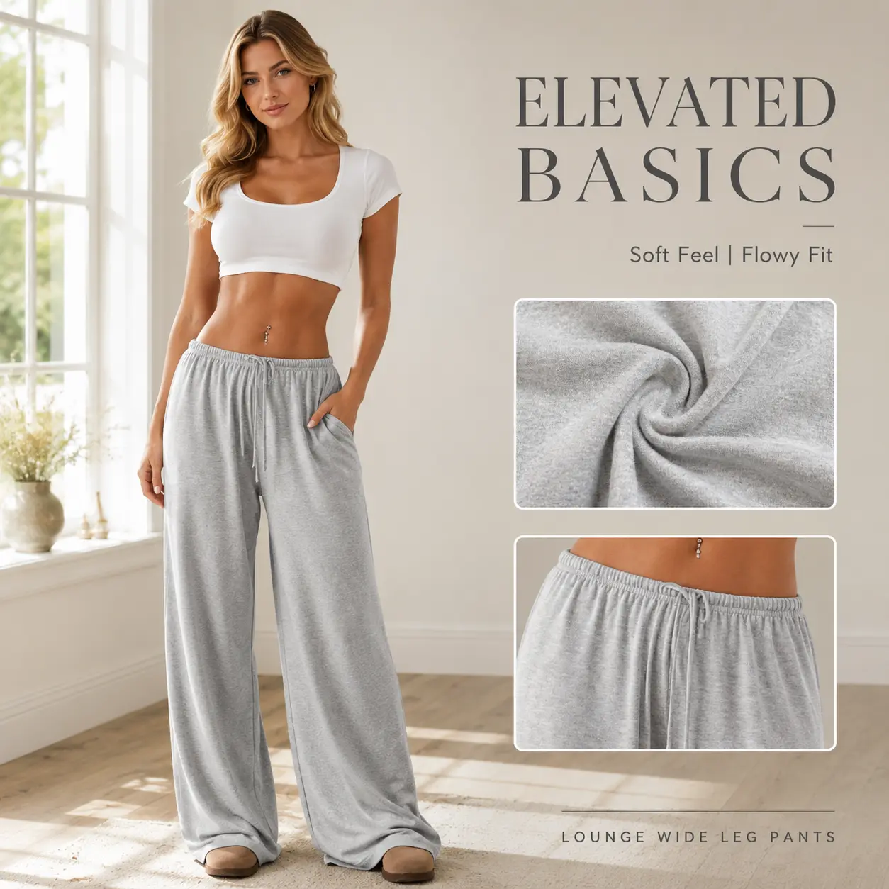 Women’s Wide-Leg Drawstring Elastic Waist Lounge Pants - Soft Relaxed Fit Full-Length Casual Sweatpants for Home, Travel