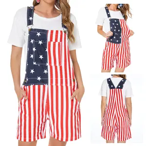 Women 250th Anniversary Shorts 4th of July American Flag Overalls USA Stretchy Denim Romper Memorial Day Coveralls Patriotic Gifts for Mom Workwear Summer Jumpsuits Fashion Womenswear Daily Outdoor Outfits