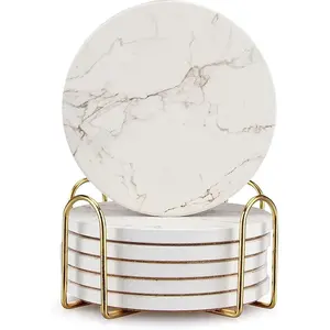 6 Pack White Marble Coaster Set with Holder Absorbent Cute Ceramic Drink Coasters Bar Dining Coffee Table Accessories Decor Gift Modern Cool Desk Beer Cork Coasters