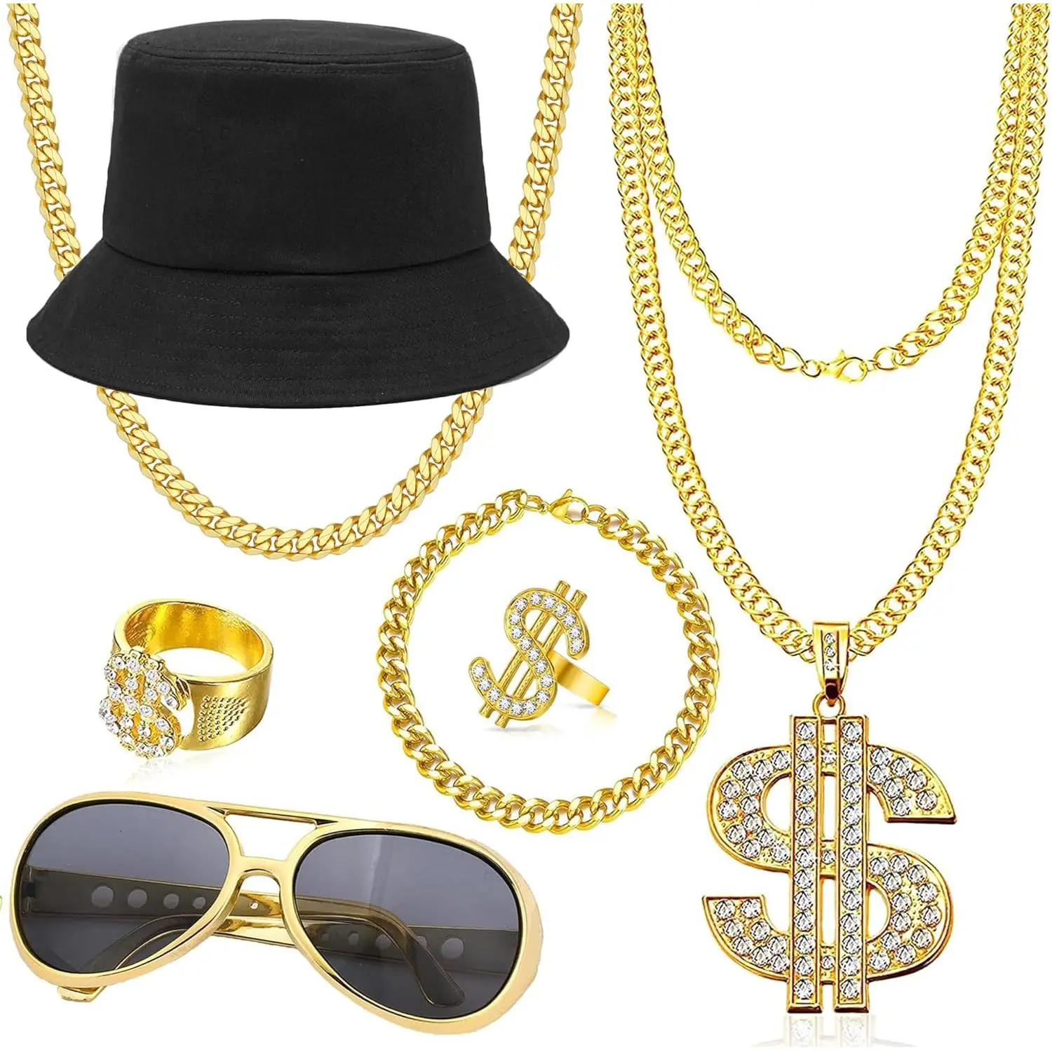 Unisex 80s-90s Hip Hop Costume Outfit Kit, Faux Gold Metal Alloy Chain Necklace with Pendant for Chain, Dollar Signs & Faux Diamonds Rapper Accessory Set