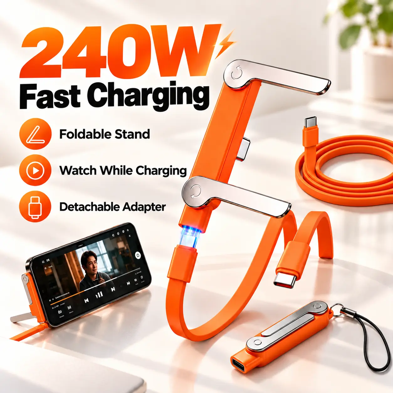 240W Invisible Stand Fast Charging USB-C to USB-C Flat Cable - 90 Degree Angled, Electronic Smartphone Sync Cord for iPhone 16/17 Series, Samsung S25/S26 Game Devices