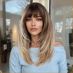 WigFinds Co. Brown Ombre Long Straight Human Hair Wig for Women, Neat Bangs, Layered Top with Natural Texture, Soft Smooth Real Human Hair, Sweet Gentle Style Daily Wear Wig