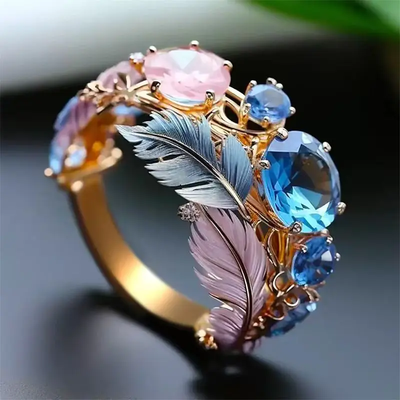 Women's Plated Ethnic Contemporary Statement Ring - Feather Accents, Multi-Size, 2nd Birthstone, Colorful Alternative Artistic Jewelry, Daily Wear, Valentine's Gift, Birthstone Rings, Alternative Artistic Rings
