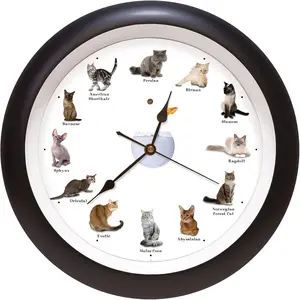 Meowing Cat Sounds Wall Clock, 13 Inch Black Decorative Cat Lover Clock with 12 Popular Cat Breed Sounds, Battery Operated Novelty Wall Clock, Pet-Themed Home Decor for Living Room, Kitchen, Office, Bedroom & Cat Lover Gifts
