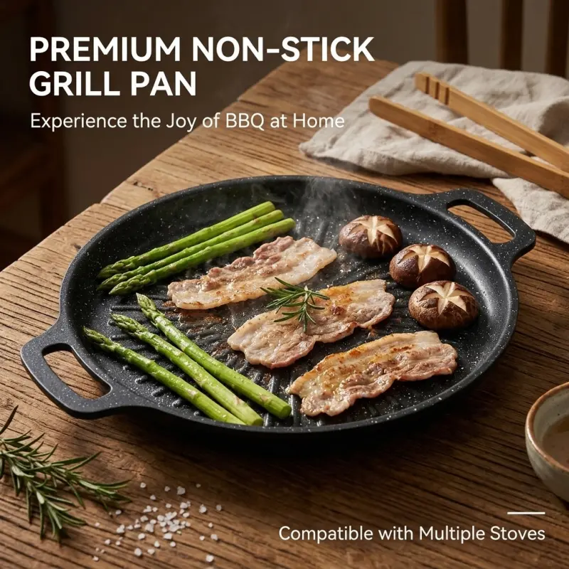 Non-Stick ound Grill Pan with Dual Handles, Even Heat Distribution Griddle for Korean BBQ, Steak, and Indoor/Outdoor Cooking, Portable Bbq Grill, Barbecue Cooking Kitchen