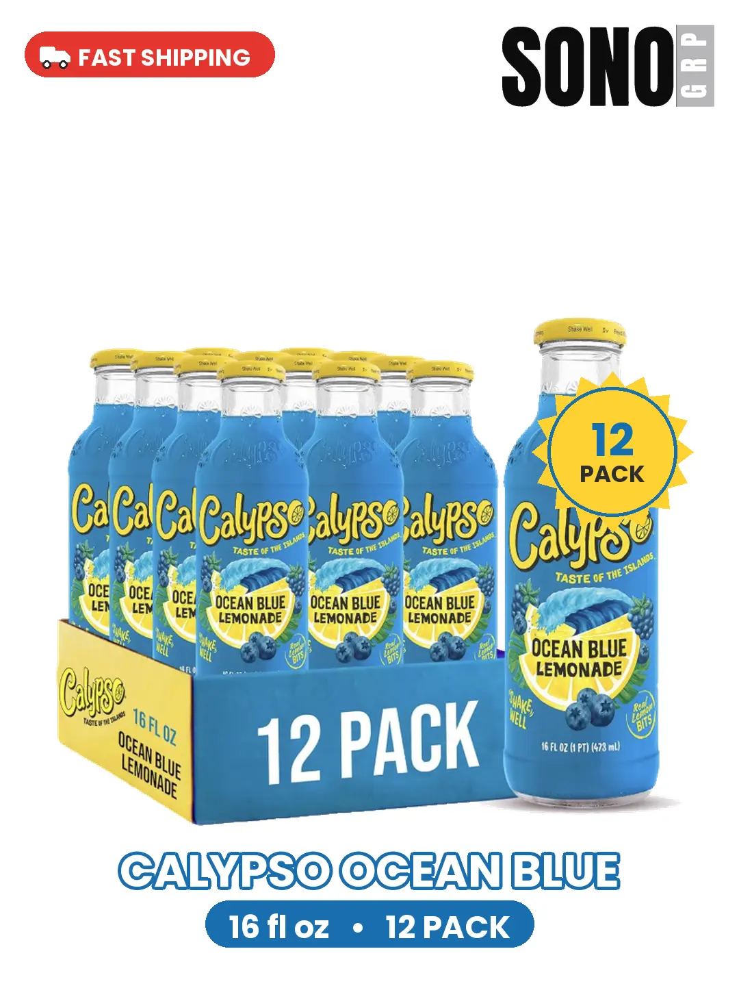 Calypso Lemonade, Ocean Blue Lemonade, Made with Real Fruit, 16 Fl Oz Glass Bottles (Pack of 12)