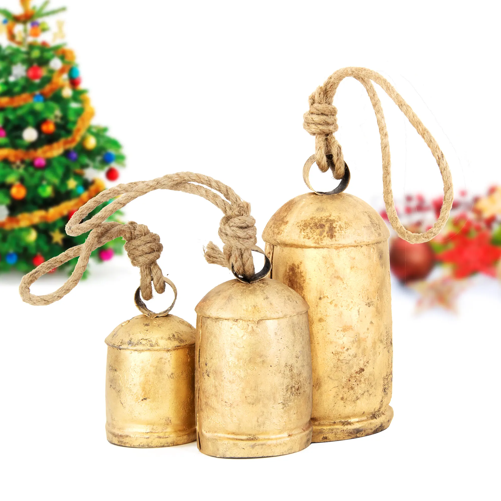 Metal Vintage Rustic Christmas Bell Set (Set of 3 Various Sizes) - Shabby Chic Festive Home Decoration, Holiday Party Decor, Decorations and Ornaments for Festive Ambiance & Good Luck Invitation