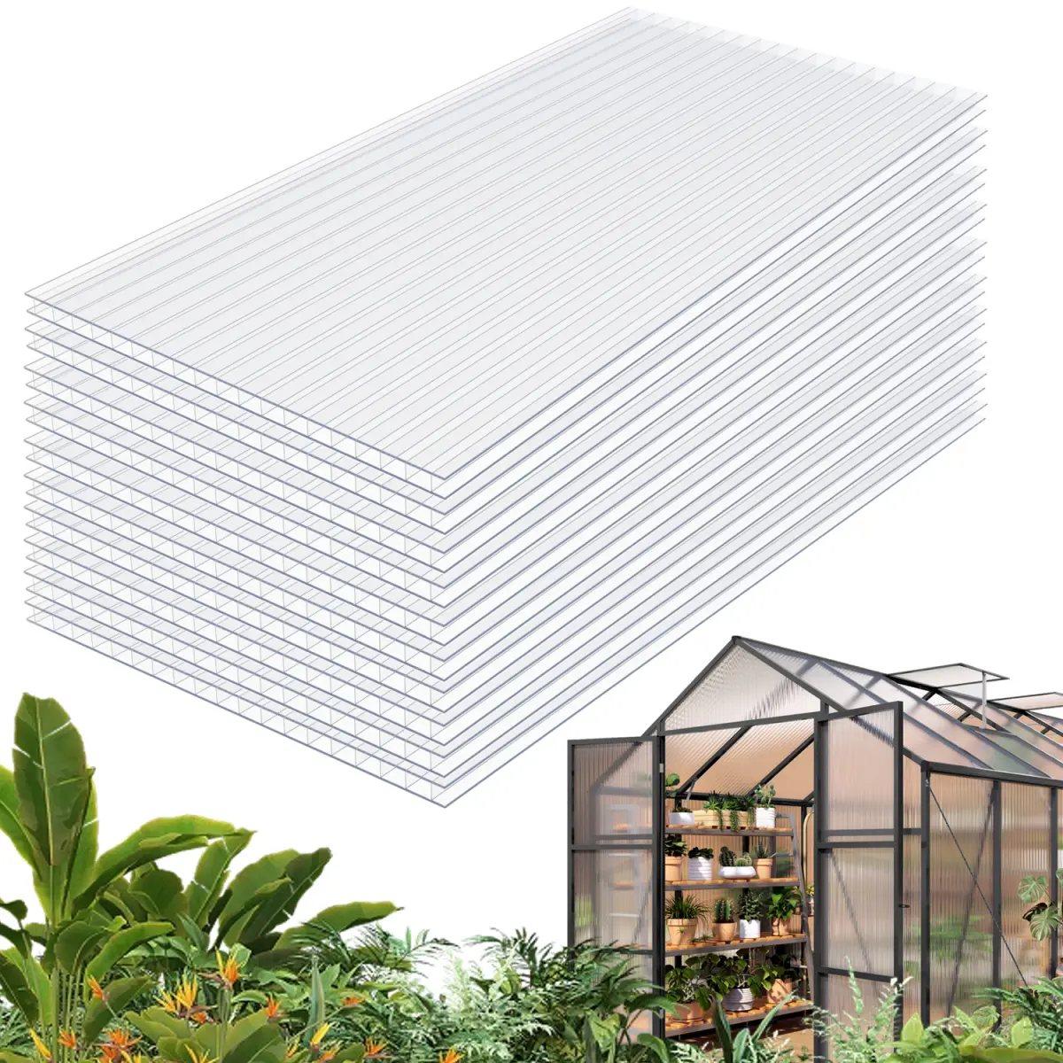 Twin-Wall Polycarbonate Panels (4'x2'x0.24 inches, 10 Pack) - 80% Natural Light Transmittance, Shatterproof, UV Sun Protection, Thermal Insulation, Weather-Resistant, Easy-Cut for Greenhouse Roof, Garden Storage Shed, Patio Covers DIY Projects