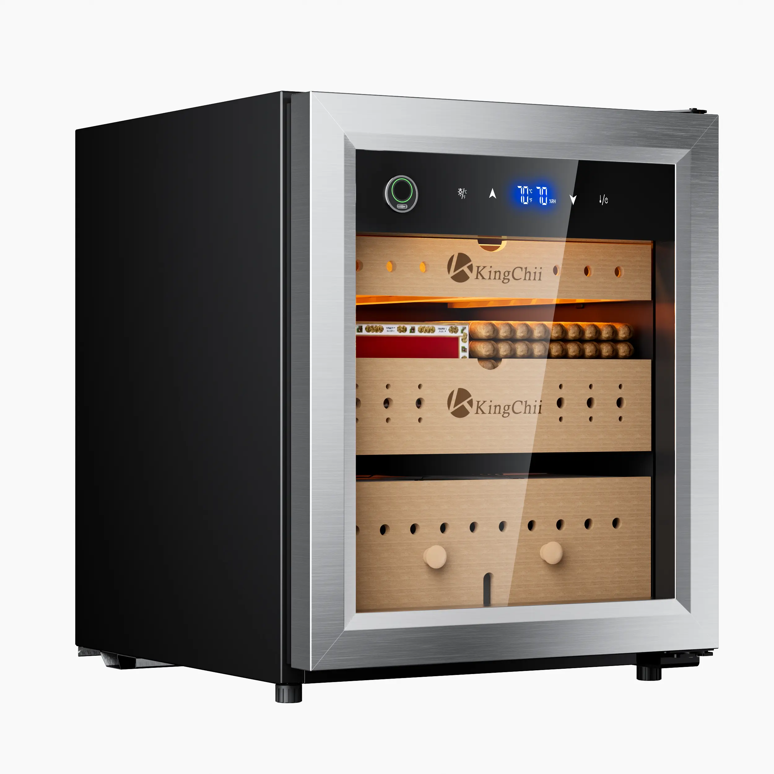 KingChii Pro 50L Electric Compression Humidor, Temperature & Humidity Control Cabinet, Built-in Fingerprint Lock with Spanish Cedar Wood Shelves & Drawer Hygrometer for Lounge/Home Use-300 Capacity
