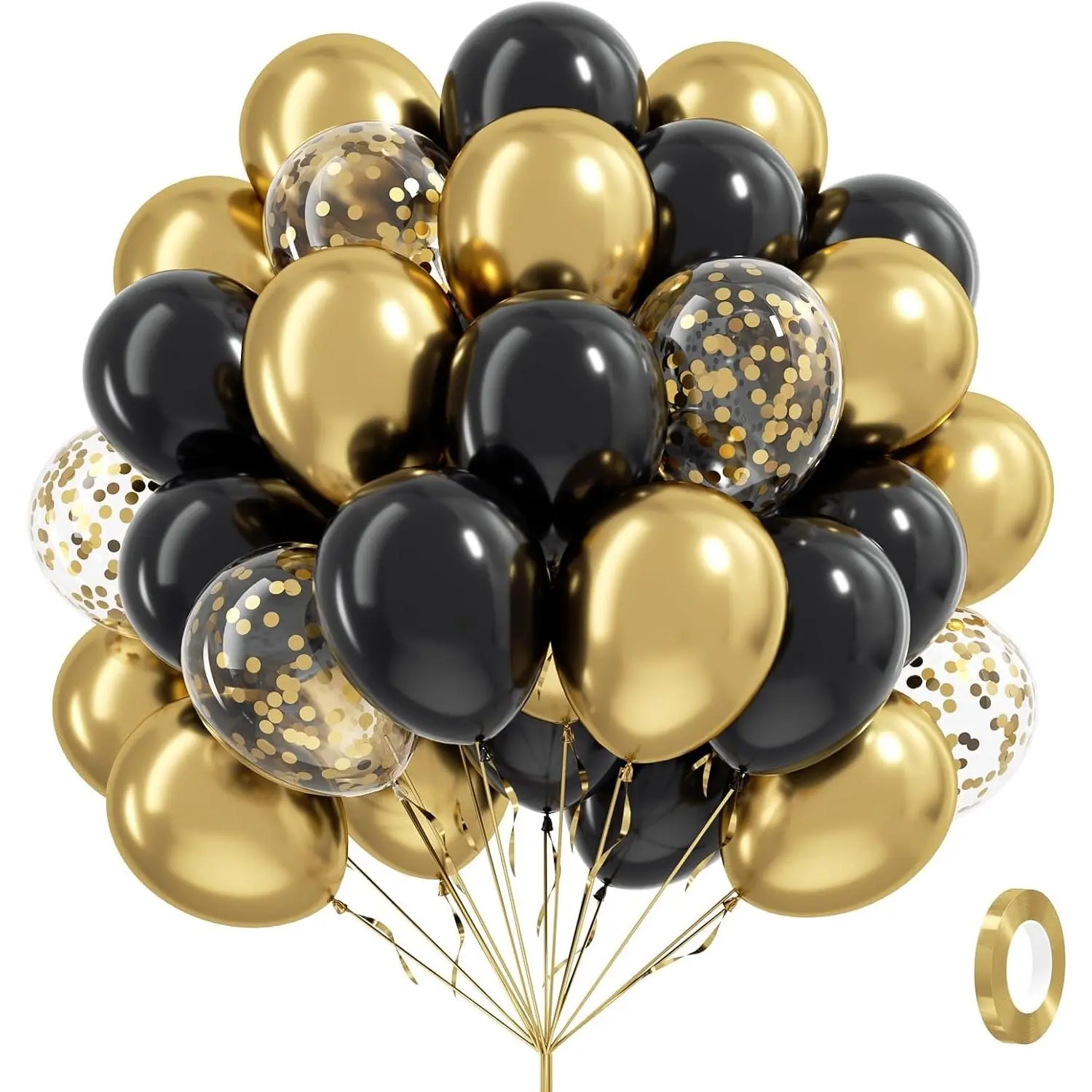 Black Gold Balloon Arch Decoration Kit - 60pcs 12in Metallic Latex & Gold Confetti Decorative Balloons, Easy Inflation, Ribbons, Glue Dots for 2025 Graduation, New Year Party Supplies, Metallic Latex Balloon