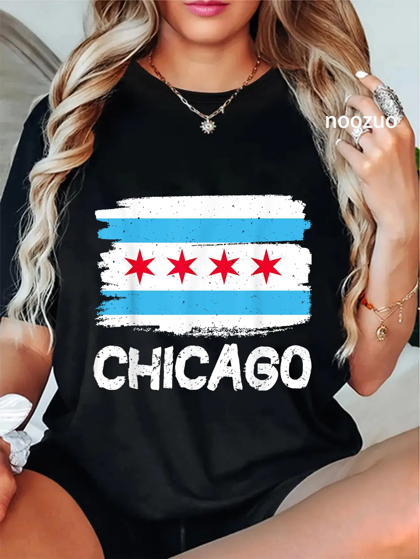 100% Cotton Cool Chicago Flag T-Shirt Casual Graphic Printed Tee
