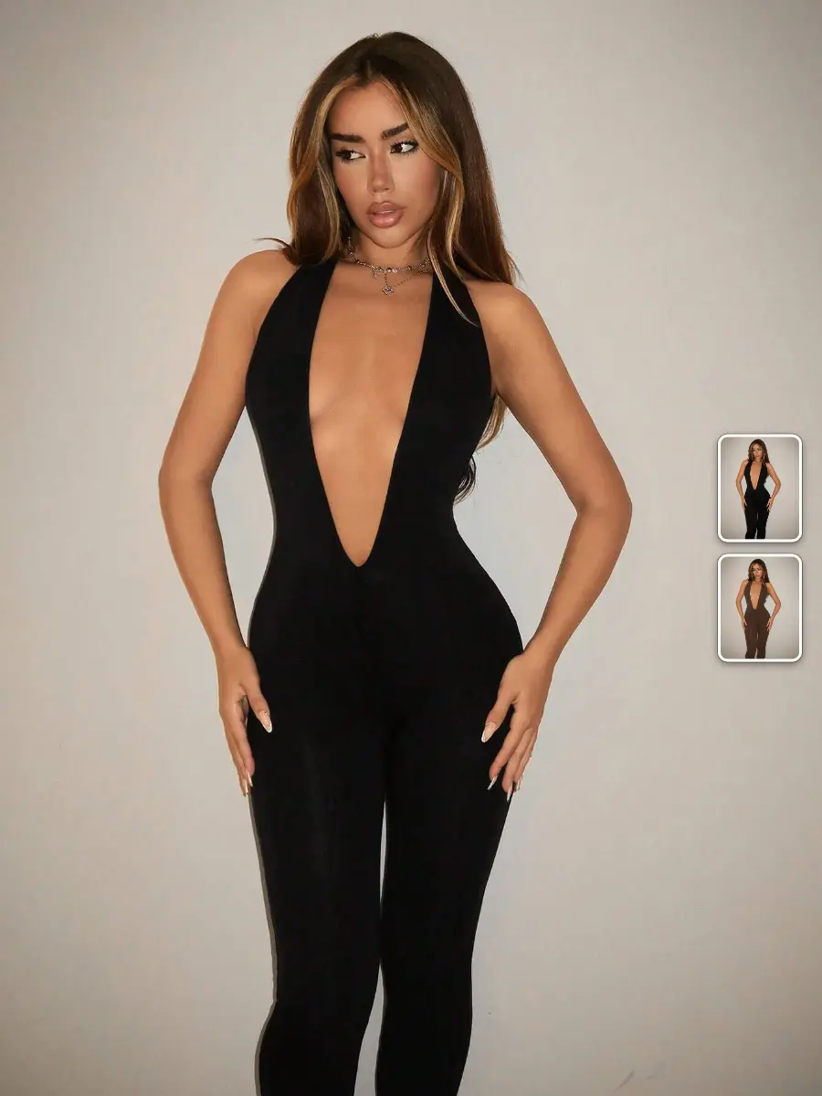 VELYX Women's Y2K Bodycon Jumpsuit Deep V-Neck Backless Black Going Out Party