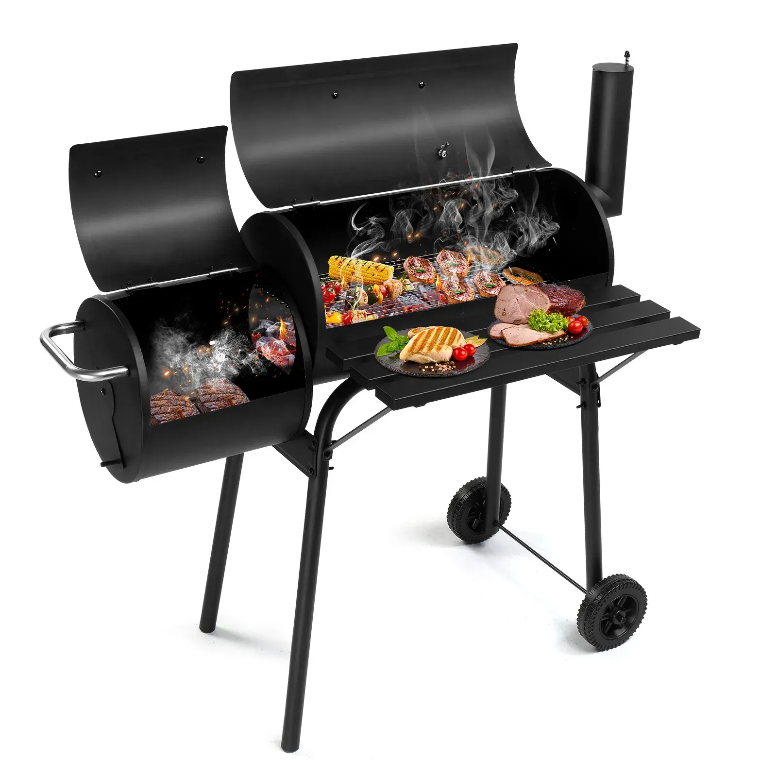 Portable All-Metal Barrel Charcoal Grill with Offset Smoker, Side Table and Wheels for Outdoor Garden, Patio Cooking