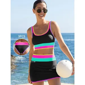 Retro Sporty 3-Piece Skirt Bikini Set| Flattering Tummy Control High-Waisted Swimwear| Neon Color Block