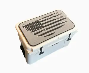 YETI Cooler Pad with Torn American Flag Logo - Top fits YETI Tundra Cooler Lid- Grey/Black Mat.  Easy peel and stick application. 3M Adhesive.