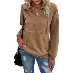 PrettyGarden Women's Casual Long Sleeve Lapel Zipper Sweatshirt Drawstring Loose Pullover Tops Fall Sweater-Womenswear Cotton Fabric