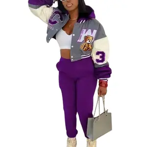 Women’s Baseball Varsity Bomber Jacket – Crop Top Hoodie Button-Up Coat