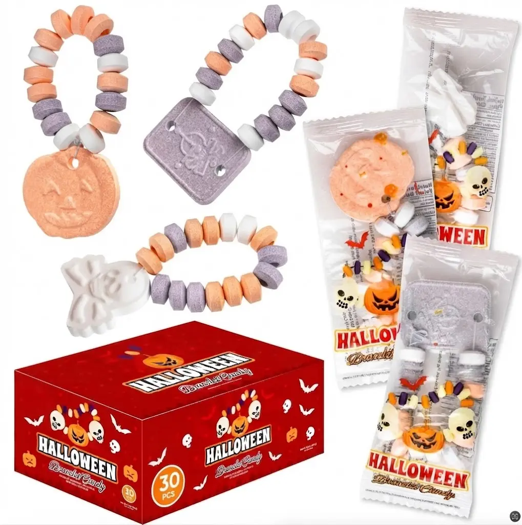 30 Pack Individually Wrapped Halloween Candy Bracelets - Pumpkin, Skull Designs - Strawberry, Tutti Frutti Flavors - Bulk Fruit Chewy Snack for Kids, Trick or Treat, Party Favors