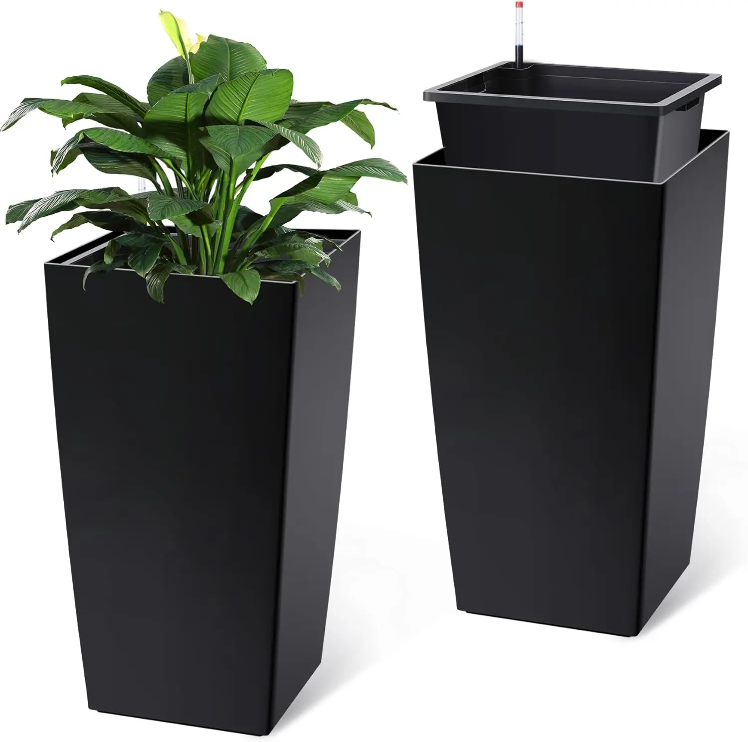 30 Inch Tall Planters Set of 2, Black Large Plant Pots with Automatic Watering, Water Level Monitor & Drainage Holes, Movable Wheels & Inner Bucket, Decorative Planters for Indoor & Outdoor Front Porch, Auto-Water, Garden Planter, Black Plastic Pot