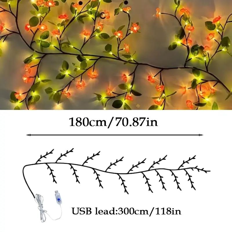96-light peach blossom and green leaf vine lights